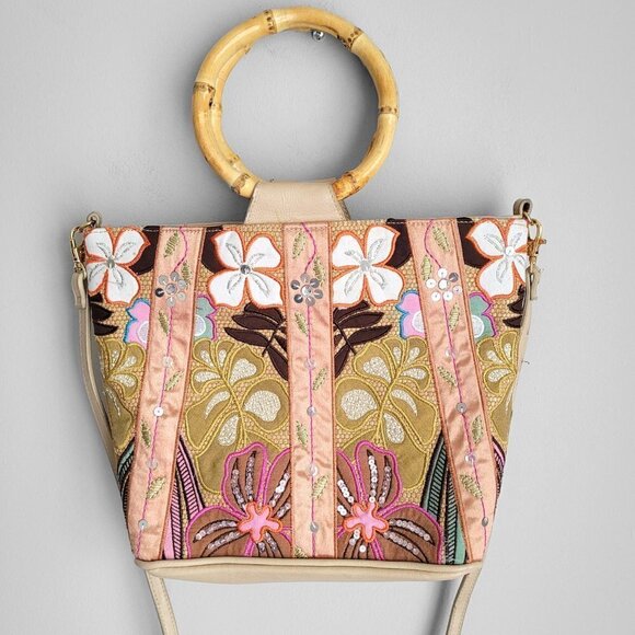 NWOT RARE Bueno Floral Embroidered Sequins Bamboo Handles Boho Satchel - Picture 6 of 11